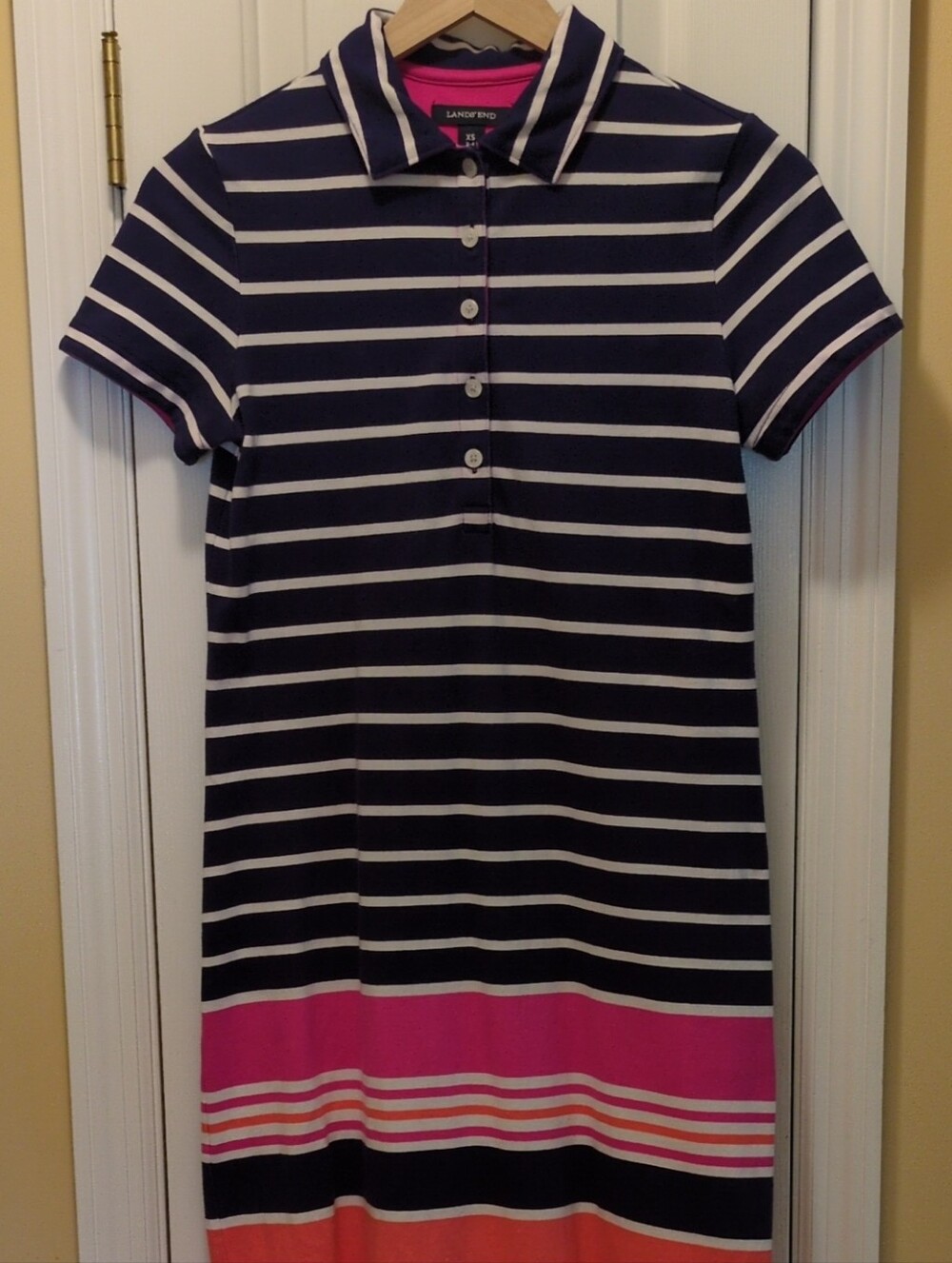 Lands' End Navy & White Striped Polo Dress with Pink and Coral Bands